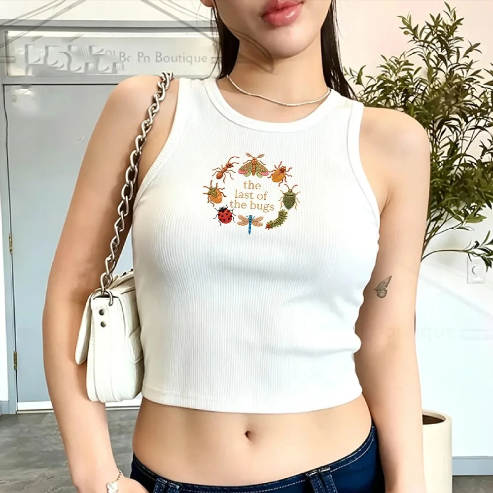 Cropped Ribbed Faux Embroidery Tee Shirt Y2K Cottagecore Insect Bug Print Vest Tank Top Summer Minimal Nature Gift for Her Lady
