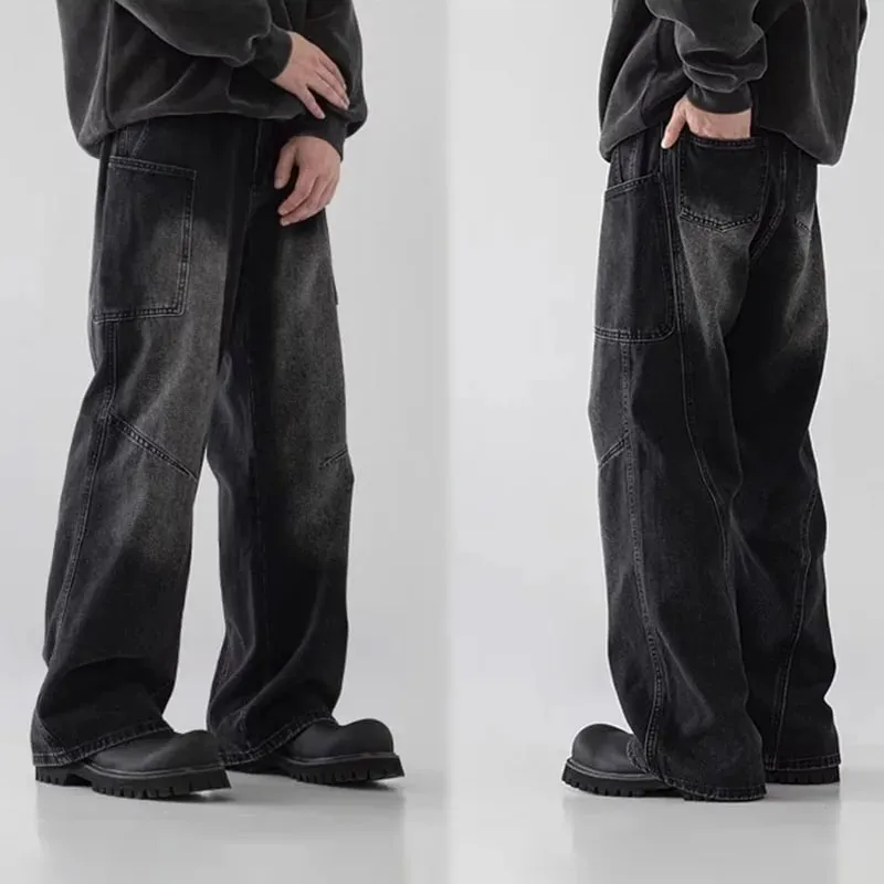 Korean Style Large Pocket Workwear Jeans Retro Blue Men'S Baggy Jeans Straight Leg Pants Casual Wide Leg Pants Casual Pants