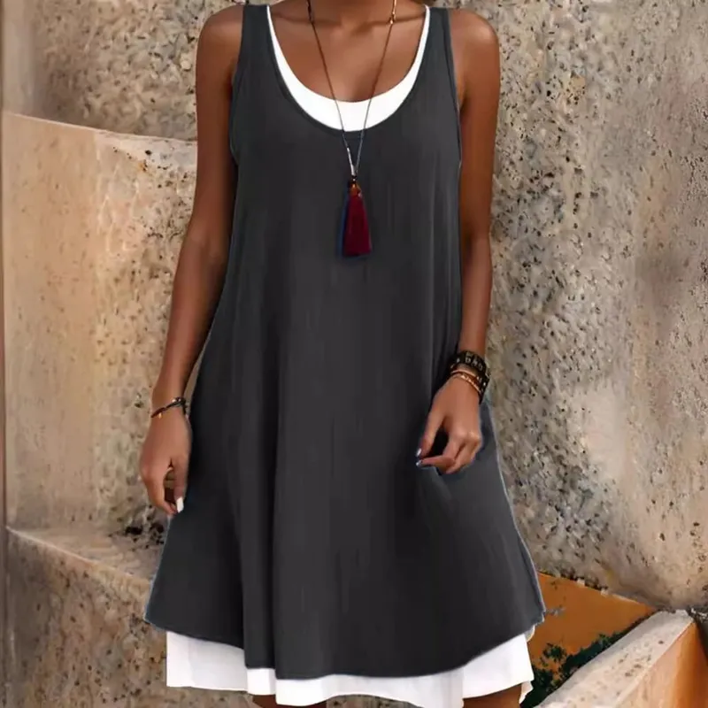Women's Solid Dress Fashion O Neck Pullover Sleeveless Fake Two Piece Loose Beach Dresses For Women Summmer New Womens Clothings