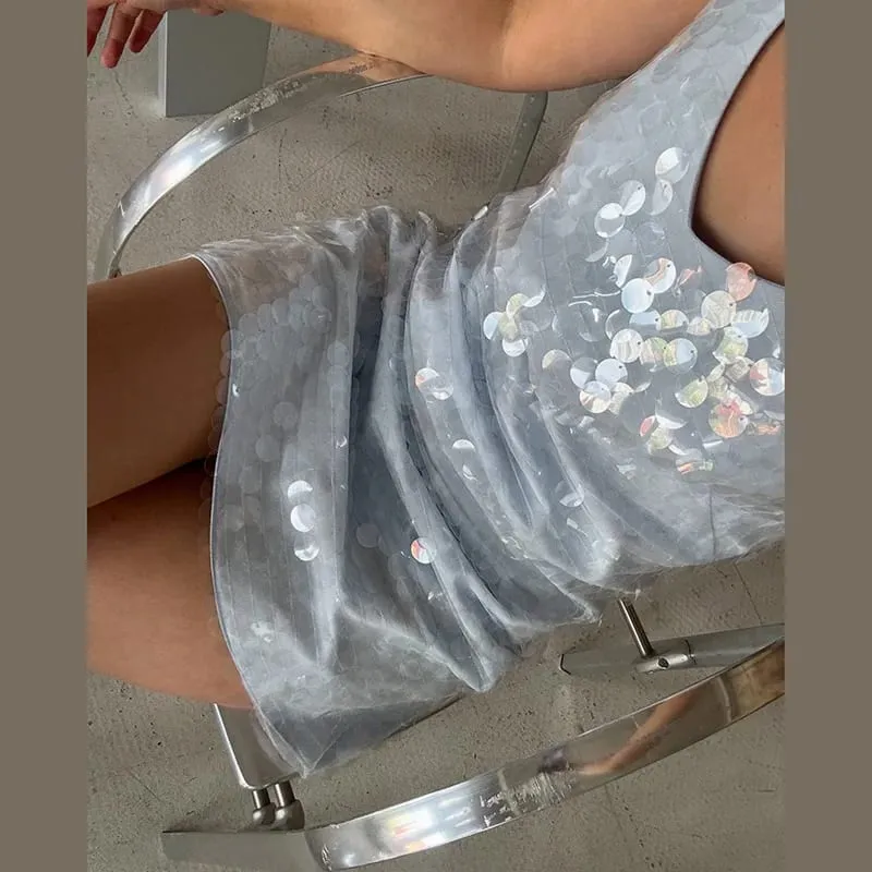 Sequined V-neck Slip Short Dress Women Sexy Spaghetti Strap Sleeveless Backless Shining Slim Dresses Charming Lady Partywear New