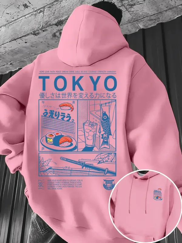 Loose-fit Men's Hooded Sweatshirt Tokyo-style Japanese Cuisine Woodblock Print Multi-panel Japanese-style Printed Pullover Top