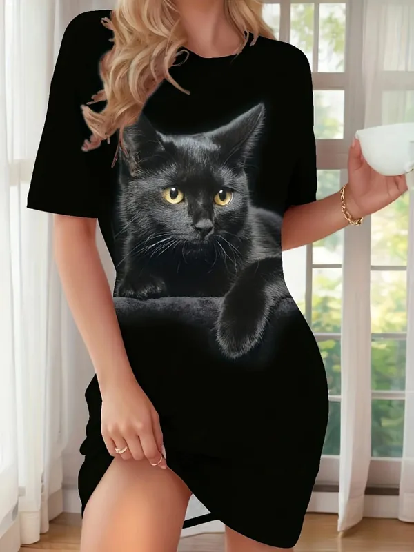 Women'S Elegant Print Dresses Soft Short Sleeve Round Neck Dress with Tabby Face Paw Cute Cat Print Design Y2k Ladies Clothes