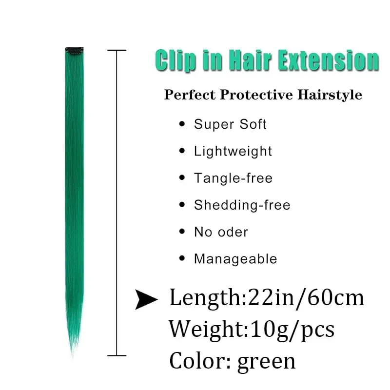22 Inch Green Heat-Resistant Synthetic Hair Party Pick Hair Clip Wig Green Hair Extensions Set Messy Bun Clip Extensions