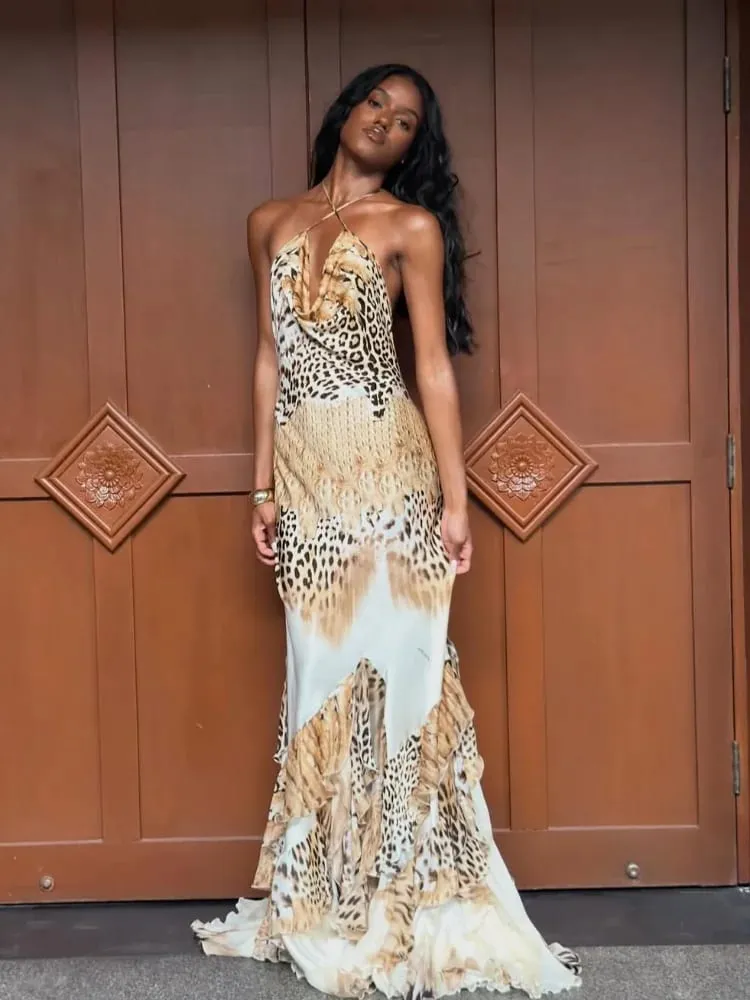 Women's Leopard Print Long Maxi Dress Halter Neck Plunge Front Tiered Ruffle Mermaid Skirt Elegant Party Cocktail Daily Gowns