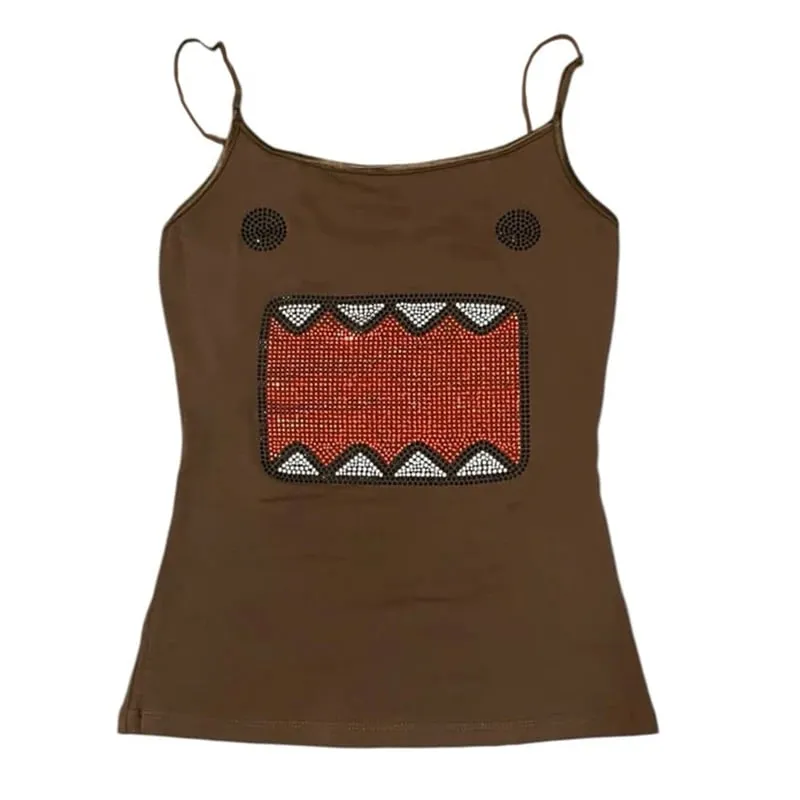 2000s Y2K Harajuku style retro rhinestone cartoon vest for women's summer casual slim fit short crop top with exposed navel