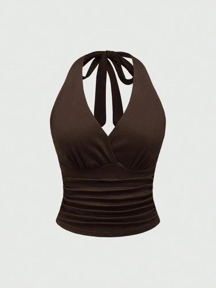 Solid V-hals Rygløs Halter Crop Top til Kvinder Sommer Sexet Y2K ærmeløs Ruched Top Streetwear
