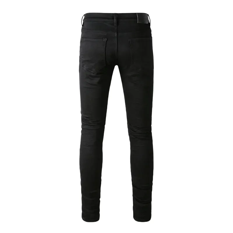 Men's Black Coated Slim Tapered Jeans Vintage Washed Slight Stretch Button Fly High Street Style