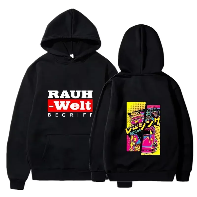 Rauh Welt Hoodie Car Widebody Tuning JDM Racing Pop Art Comic Aesthetic Black Oversized Casual Sweatshirt Long Sleeve