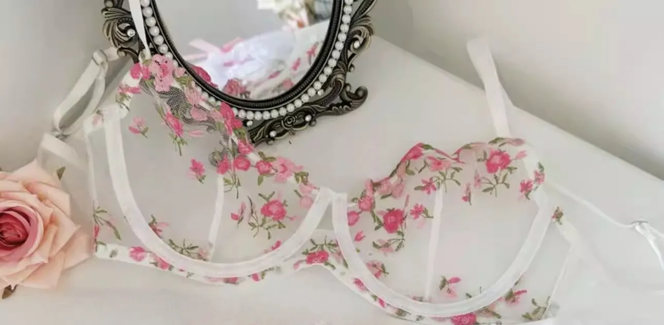 French Floral Bra Set Women | Sweet Sexy Sheer Mesh Lace Transparent Underwear Set | Practical & Feminine MOYISU Sexy Panty Set