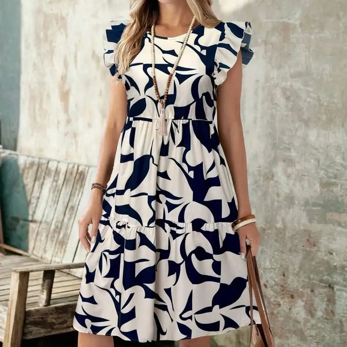 Womens Navy Blue Abstract Print Ruffle Sleeve Tiered Midi Dress Round Neck A Line Summer Casual Dress