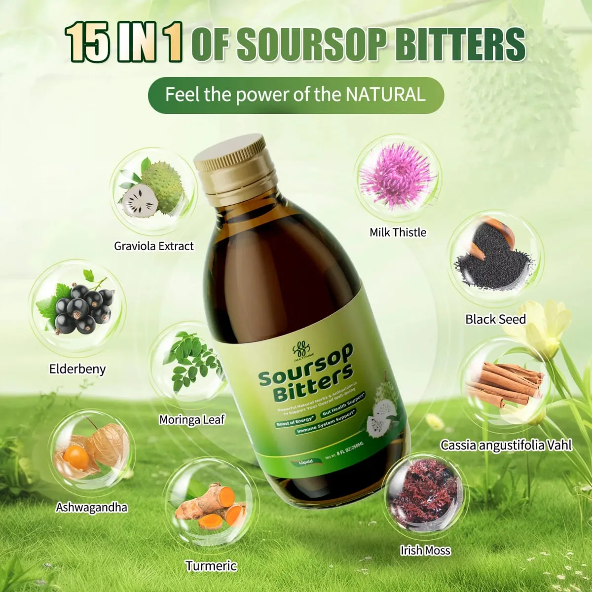 Soursop Bitters Liquid with Moringa & Turmeric for Digestive & Gut Cleanse Antioxidant Skin Health Cell Regeneration Immune