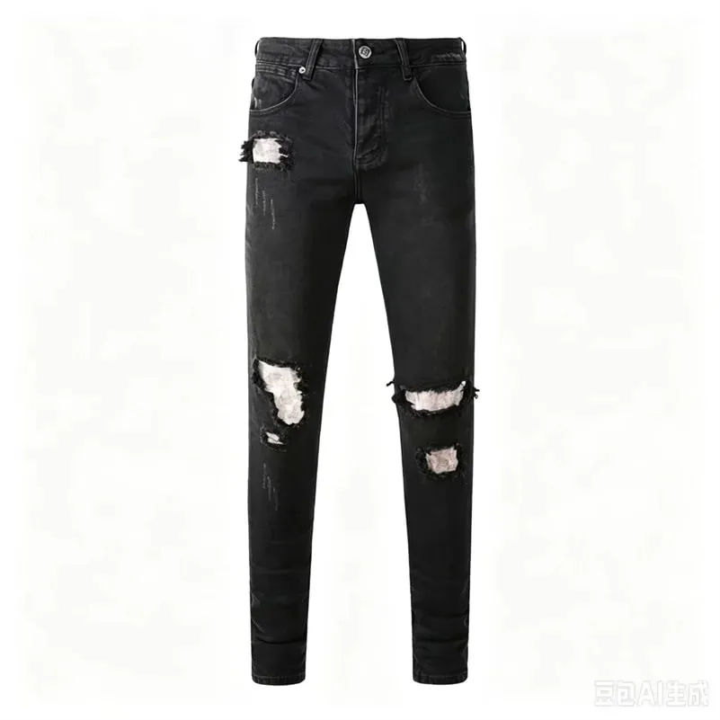Luxury Streetwear Men's Jeans Americans Style Holes Long Trousers Quality Male Stretch Slim Pants Skinny Trousers