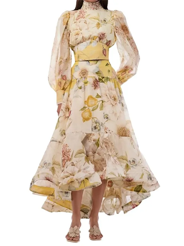 Elegant Floral Printed Women's Dress Stand Collar Full Puff Sleeve A-line Long Dresses 2026 Summer Vacation Party Lady Robes