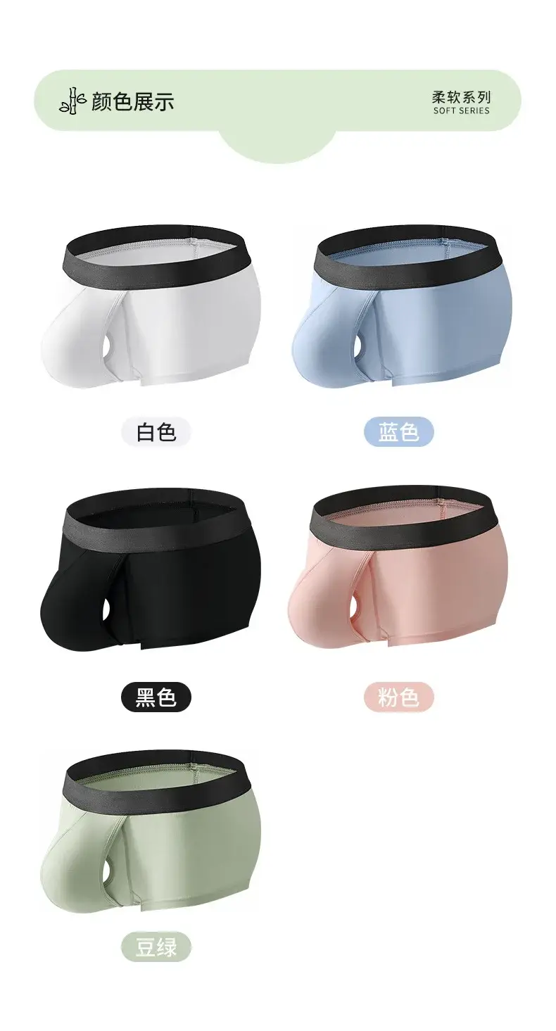 Men's Bamboo Fiber Boxer Shorts Fly Pouch Front Open Breathable Bulge Underwear Separated Pouch Trunks Dual Pouch Underpant