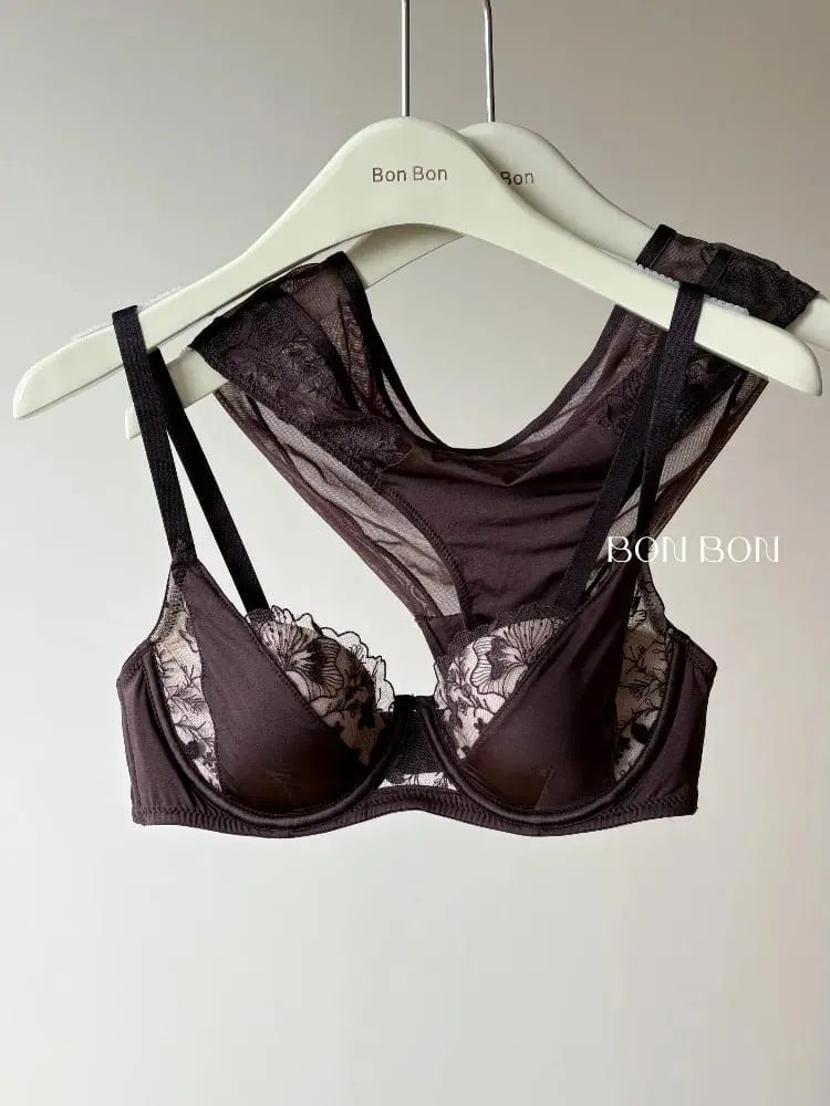 French Style Delicate Lace Lingerie Set Push Up Bra Minimise Bust Supportive Sexy for Large Breasts Full Cup 2 Piece Set