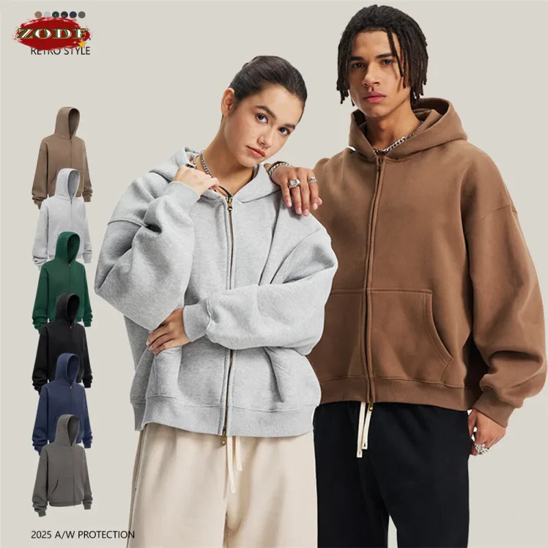 อินเทรนด์ 2025 ฤดูหนาวManขนแกะBoxy Hoodies Unisex 350gsm Double Head Zipper Hooded Sweatshirts Coat HY1122