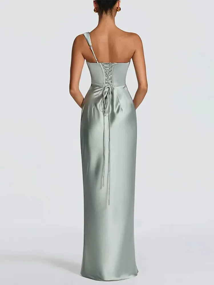 Fashion Women's Satin One Shoulder Long Dress Bandage Pleated Backless Sleeveless Dresses 2026 Summer Lady Party Evening Robes