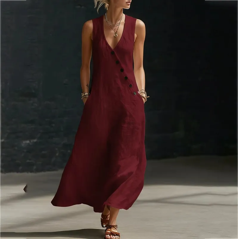 2026 Casual Sleeveless Loose Maxi Dress Women Summer Fashion Solid Color V-neck Holliday Elegant Long Dresses