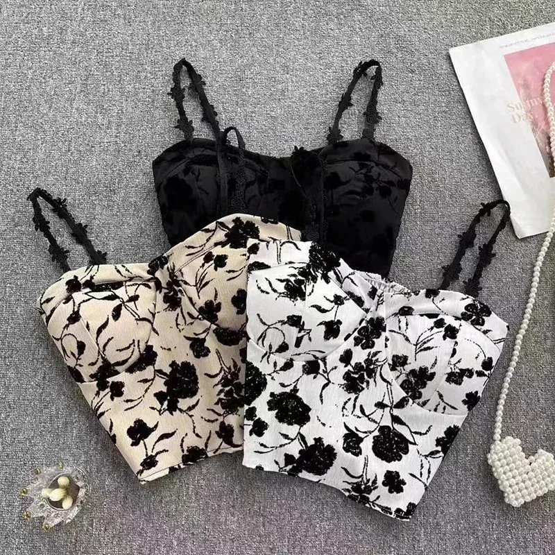 Women Sweet Elastic Camis Underwear Padded Bra Spaghetti Cute Crop Tops Print Tank Tops For Women Summer