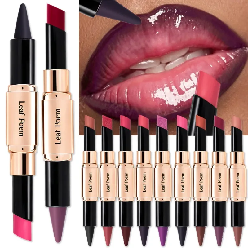 Dual-Ended 2-in-1 Lip Liner Lipstick Waterproof Matte & Satin Finish Slanted Tip Moisturizing Lip Pencil Long Lasting