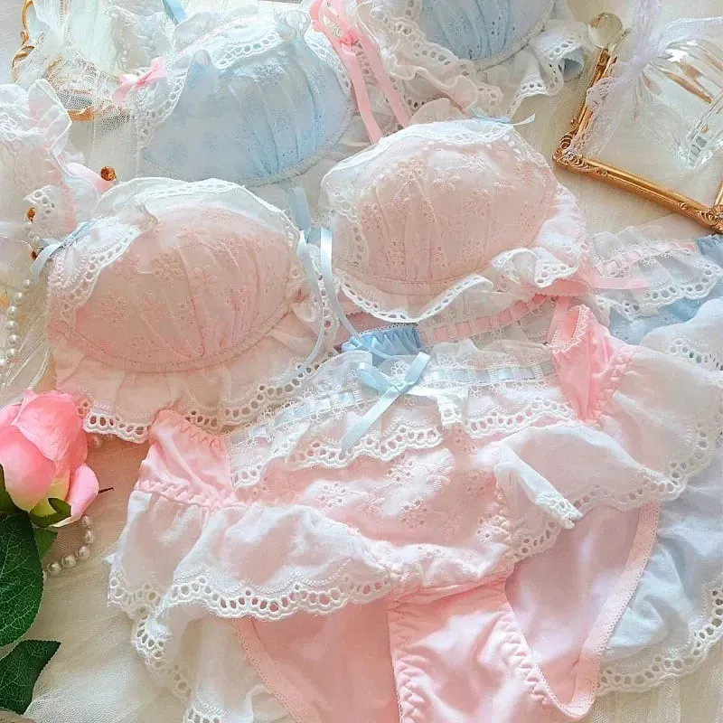 Japanese Sweet Girl Lingerie Set: Ruffles Embroidery Cotton Micro-Gather Bra & Panty with Cute Bow