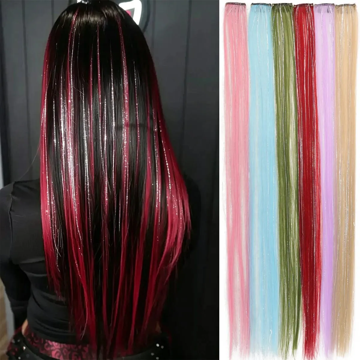 1pcs 24inch Colored Clip in Hair Extension Mahaba Straight Colorful Highlights Mga Piraso ng Buhok Synthetic Rainbow Hairpieces para sa mga babae