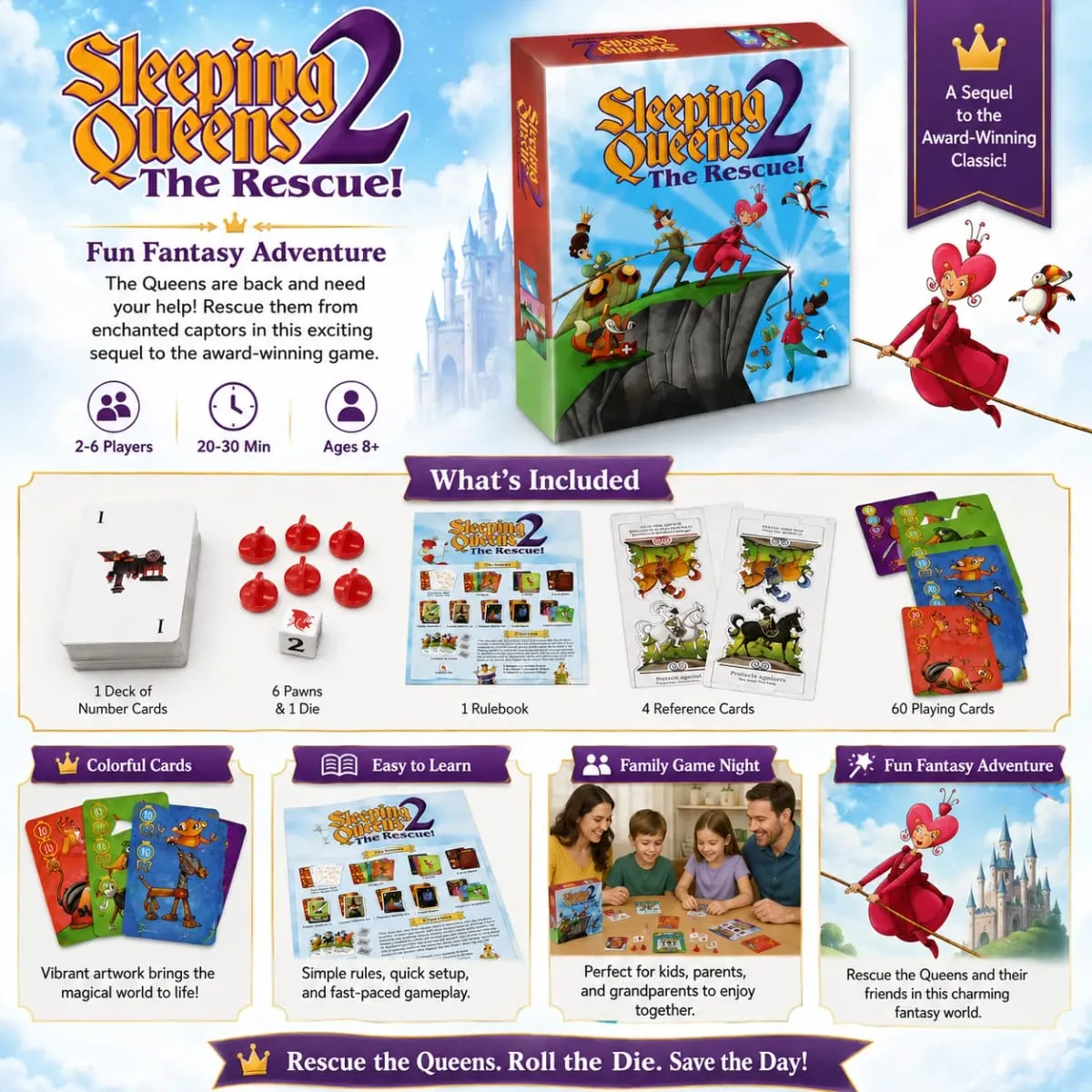 Sleeping Queens 2 The Rescue Fantasy Card Game Kids Strategy Adventure Family Party Travel English Version