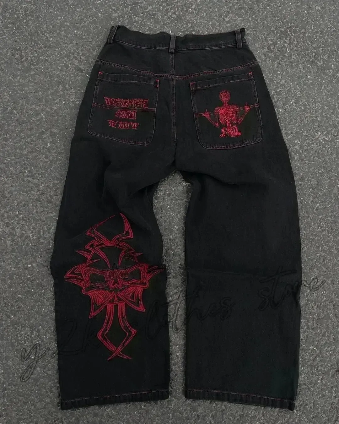 American Y2K Hip Hop Fashion Trend Skull Embroidery Spot Jeans Men Street Loose Straight Wide-leg Pants Couple Oversized Jeans