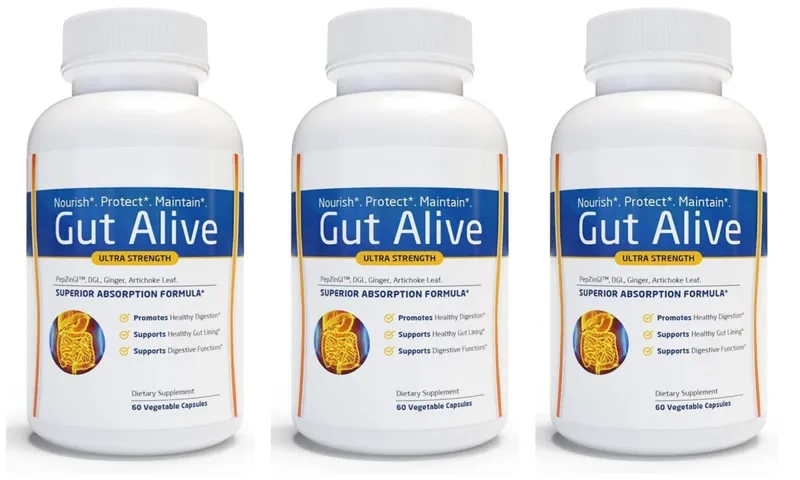 Gut Alive - All Natural Support to Fight IBS Heartburn Acid Indigestion Acid Reflux Bloating & Gas Unique Formulation 60 Count