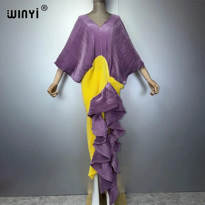 New Pleated Slim High-Fork Dress for Women Fashion Beach Cover-Up Muslim Kaftan Abaya Dubai Luxury Long Evening Gown