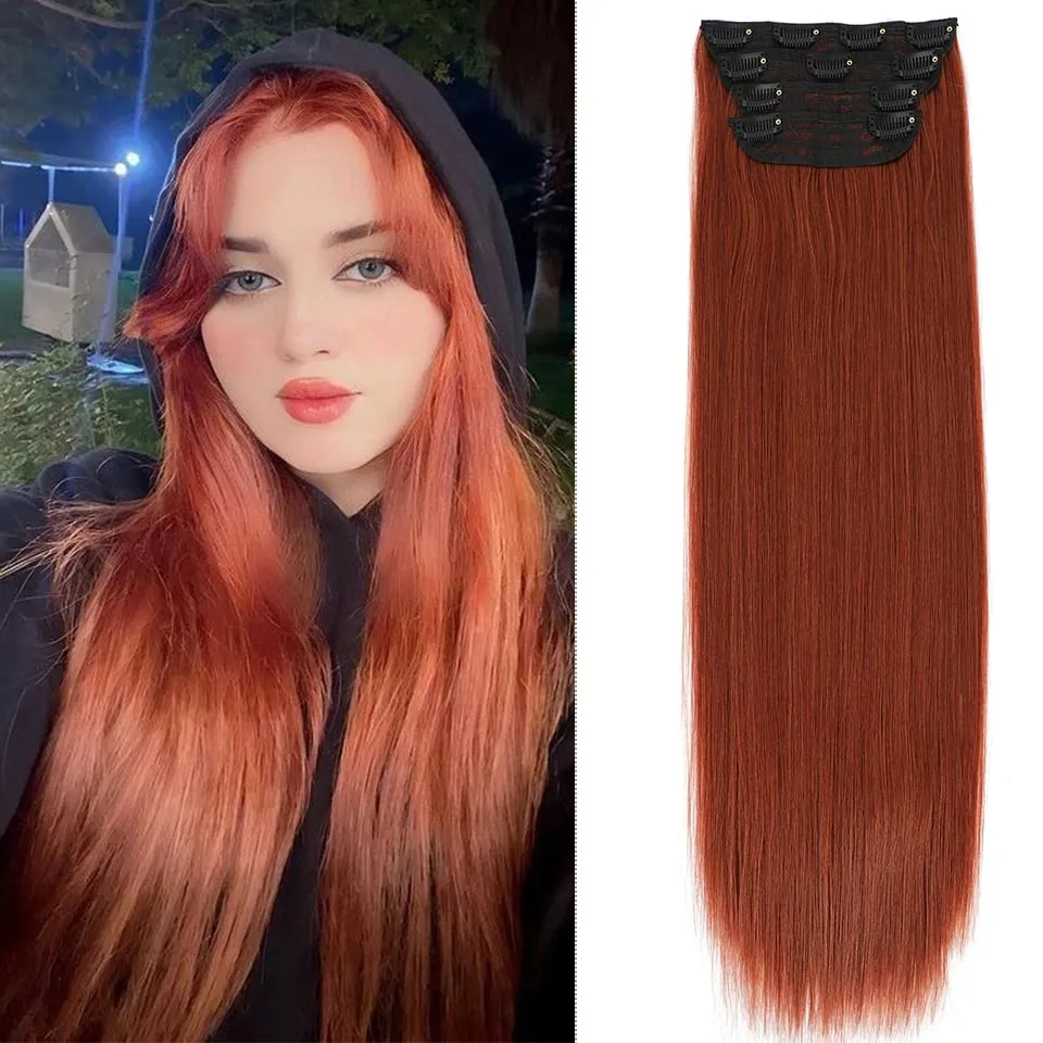 Synthetic 24 Inches Clip in Hair Extensions 4Pcs 200g Brown Grey Piano Blonde Orange Brown Straight Heat Resistant Hairpiece