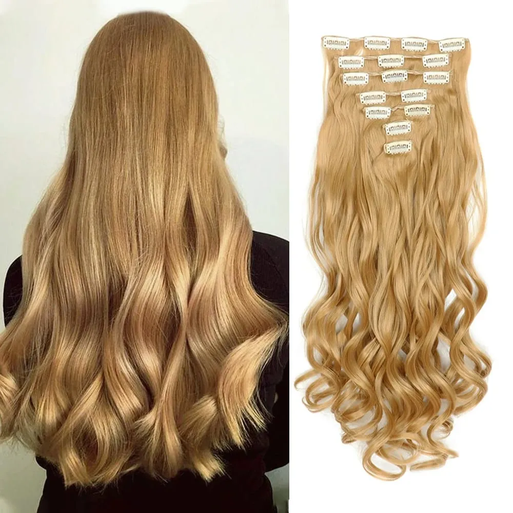 Synthetic 24Inch 16Clips Long Curly Hair Extension Heat Resistant Hair Extension Clips In Ombre Black Brown Blond Women