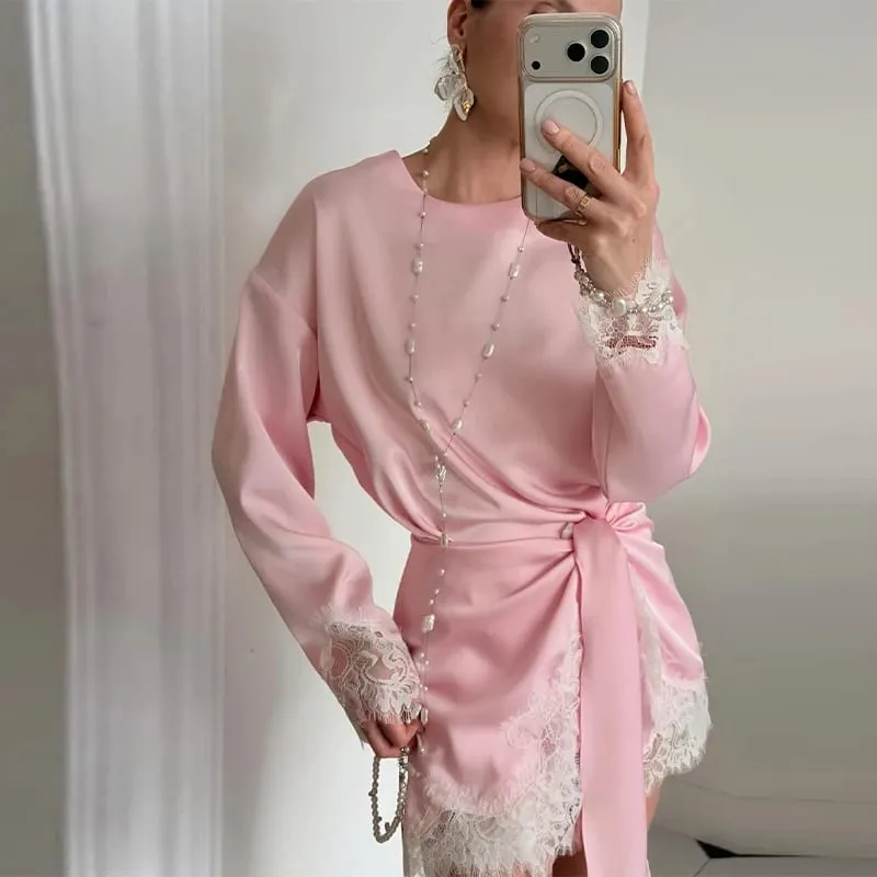 Elegant Women's Dress O-neck Full Sleeve Loose Solid Lace Hem Female Short Dresses 2026 Spring Summer New Sexy Fashion Lady Robe
