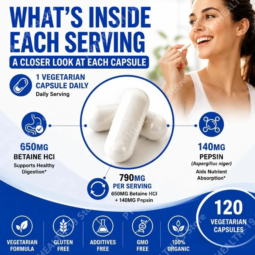 베타인 HCl 펩신 캡슐 790mg 소화 산성 균형 및 영양소 흡수 지원을 위한 채식주의자 성인 120개