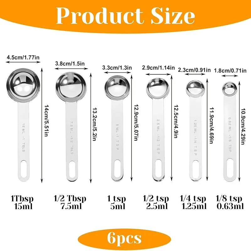 6 Pcs Stainless Steel Measuring Spoons 1/8 1/4 1/2 1 TSP 1/2 Tbsp 1 Tbsp Tablespoon with Metric and UK Measurements Table Spoon