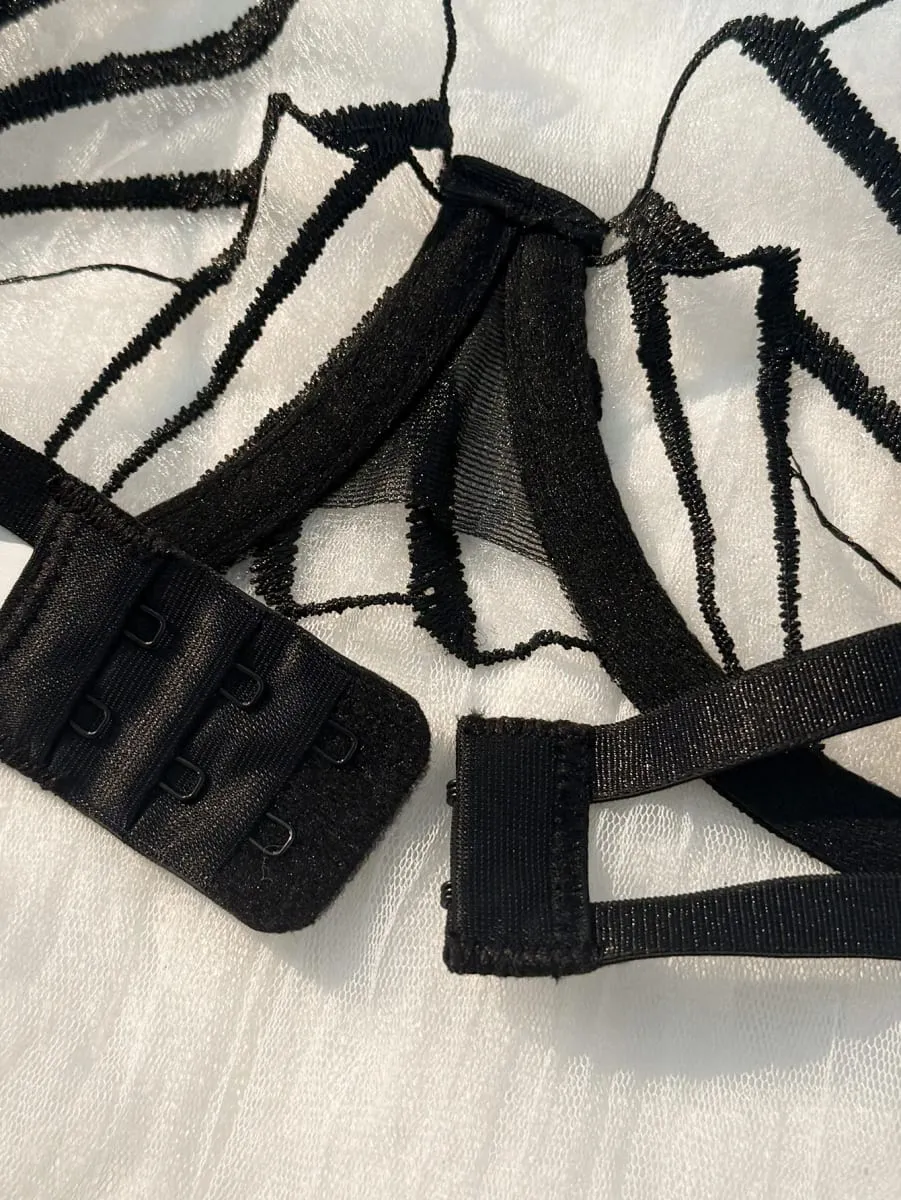 Women Black Geometric Embroidery Lingerie Set Ruffle Trim Underwire Bra Thong Sheer Mesh Stylish Intimate Underwear ZA824058