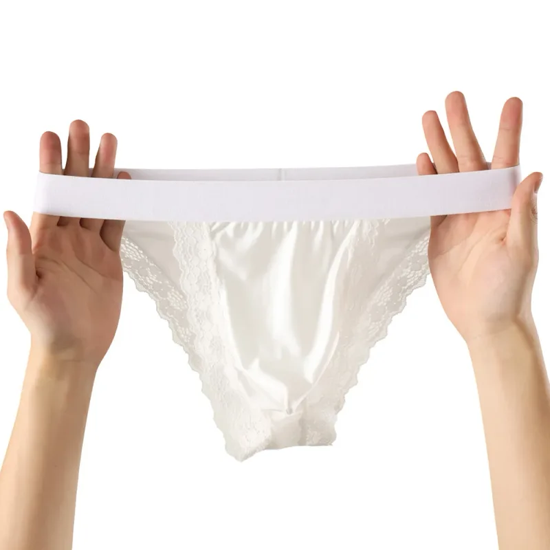 Satin-like Comfortable Men Panties Lace Trim Briefs Sexy High Fork Bikinis Underwear Breathable Low Waist Pouch
