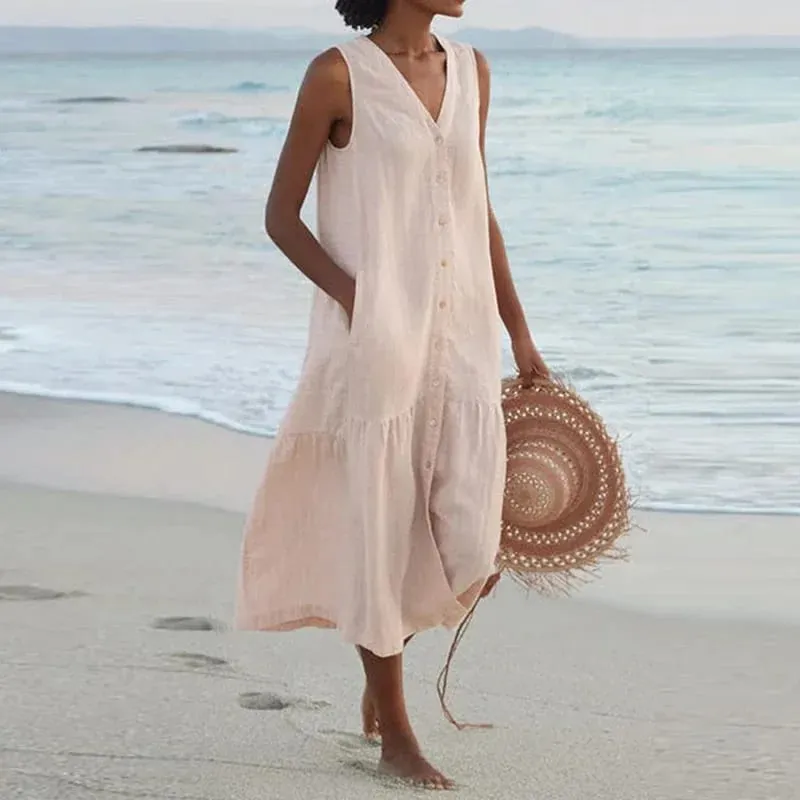 Sommer Lose Casual Patchwork Baumwolle Leinen Taschen Kleid V-ausschnitt Strand Stil Kleid Ärmelloses Vintage Club Midi Solide Frauen kleid
