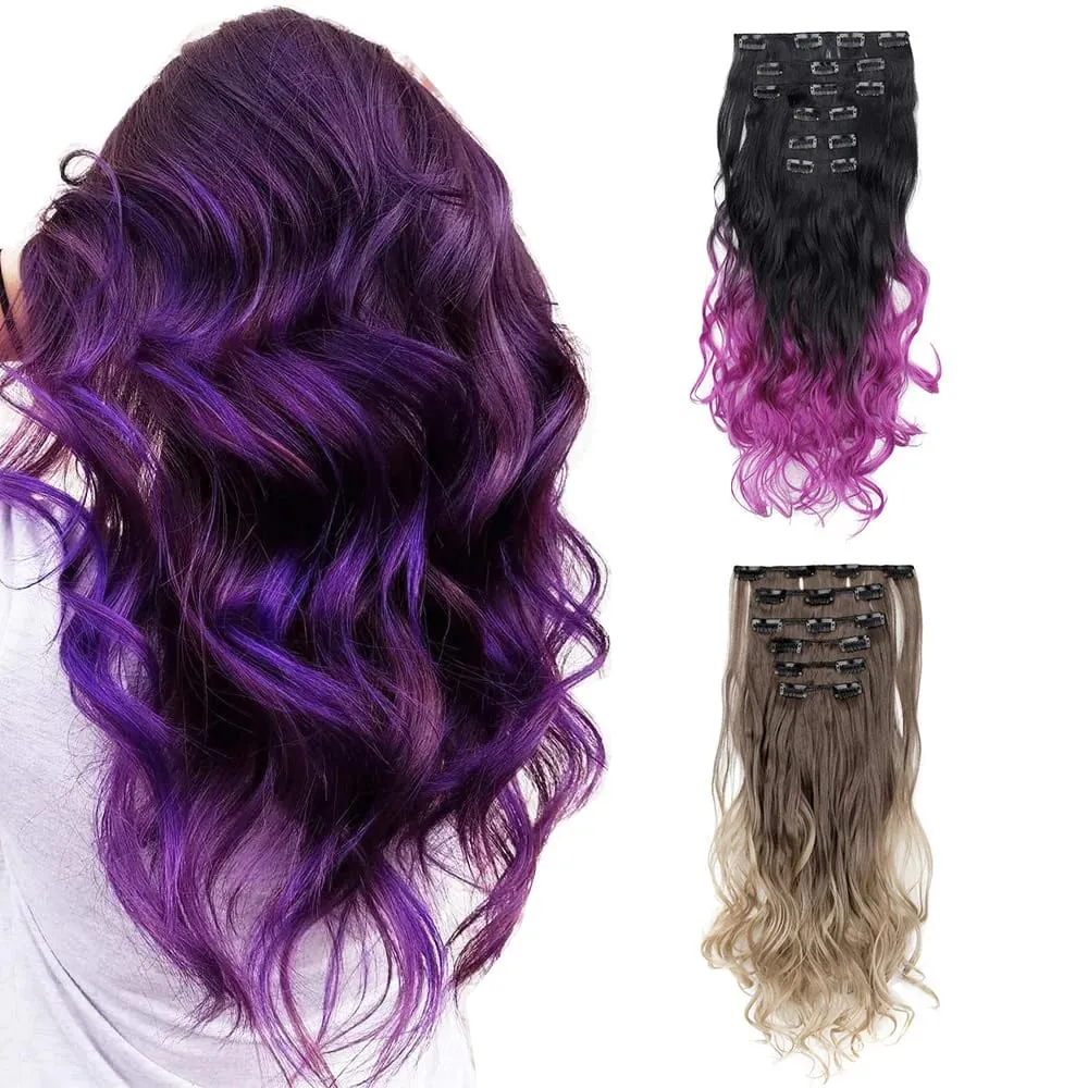 Clip in Hair Extension 6PCS Hairpiece 20Inch Long Wavy Synthetic Thick Double Weft Hair para sa Babae Gradient Color Pang-araw-araw na Paggamit