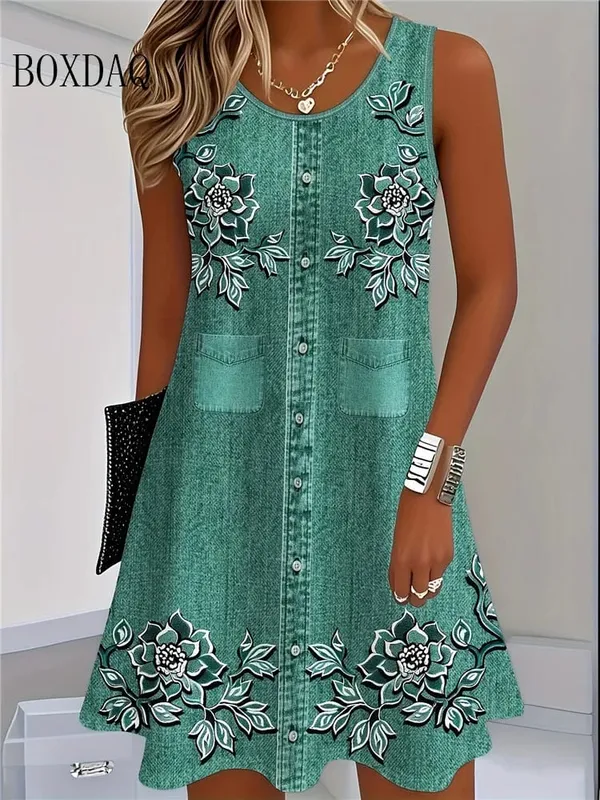 2025 Women Summer Sleeveless Bohemian Dress Fashion Imitate Cowboy Vest Flowers Print Dress Casual Tank Beach Dresses For Women