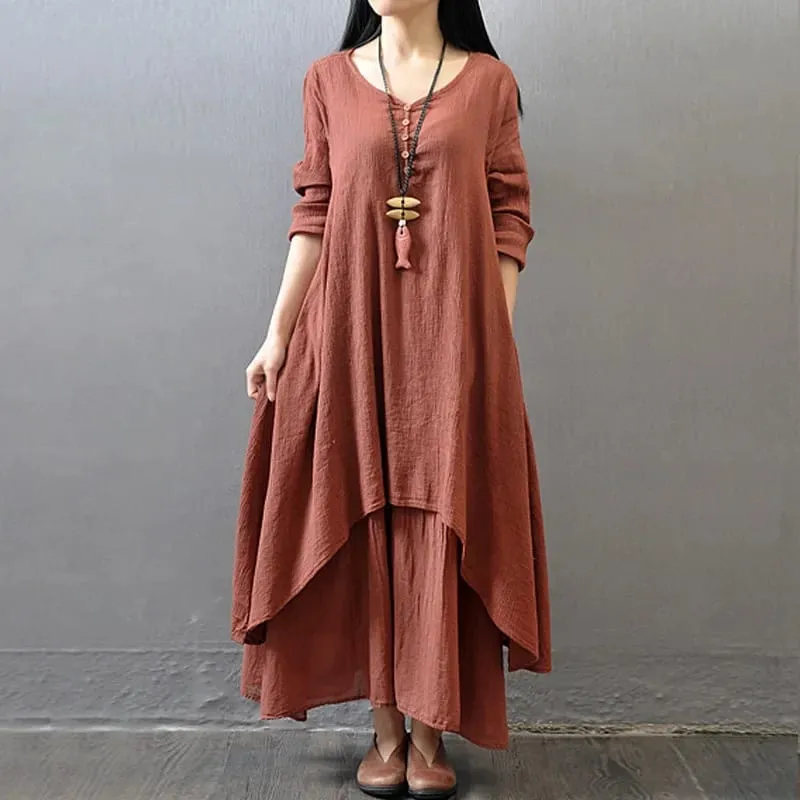 Spring Autumn Women Maxi Dresses Casual Full Sleeve Bohe Cotton Women'S Casual Fashion Loose Long With Button Solid Color Dresse