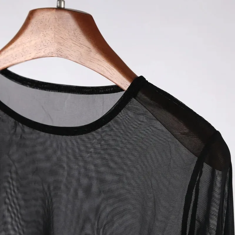 Sexy Women Long Sleeve T-shirt Casual Crew Neck See-through Slim Fit Sheer Tops Tees Y2k Club Streetwear