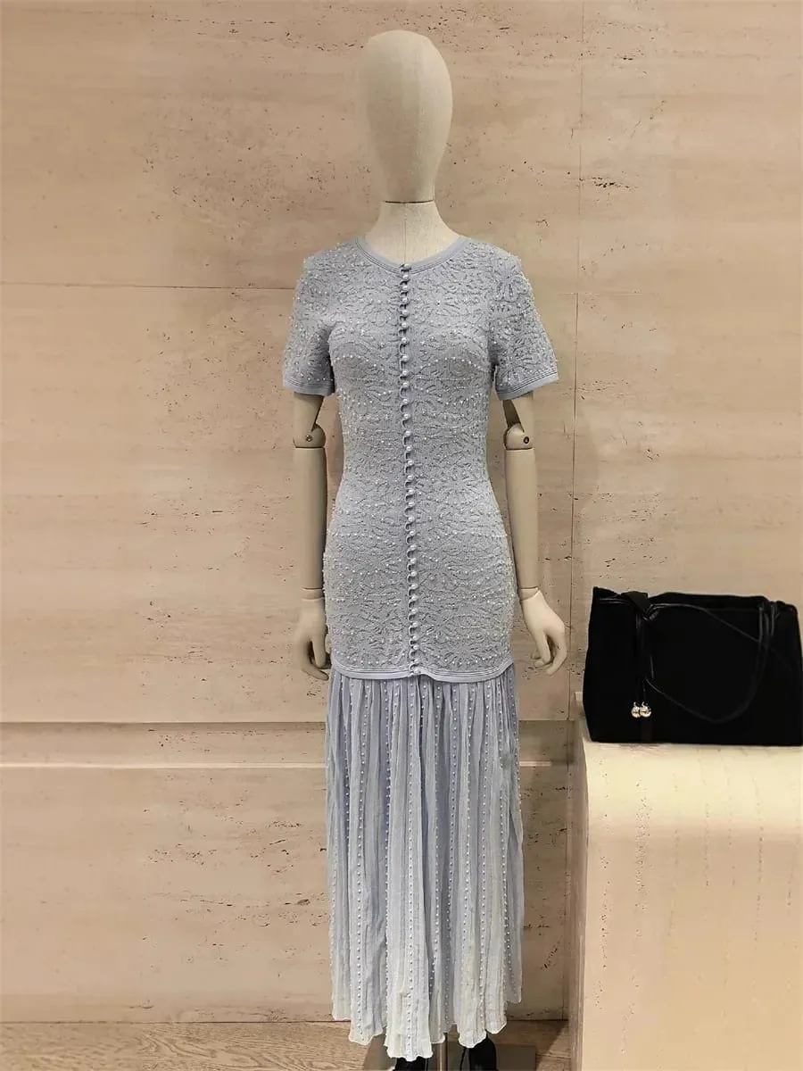 Pearl Decoration Ladies Single-Breasted Knit Midi Dress O-Neck Women's Short Sleeve Slim Fit Splices Long Robes