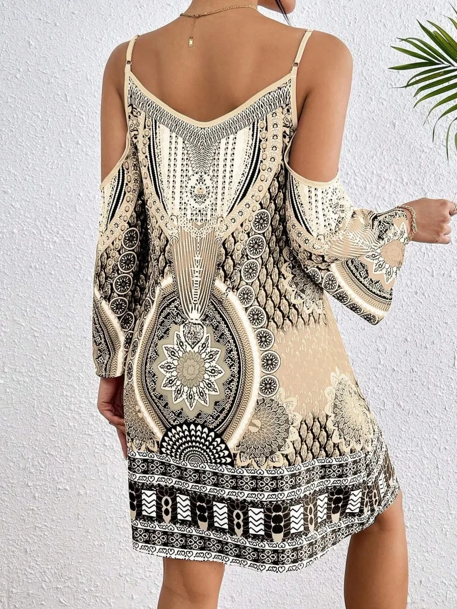 Women's Vintage off Shoulder Spaghetti Strap Dress Floral Print Casual Vacation Elegant Sleeveless Summer Dress
