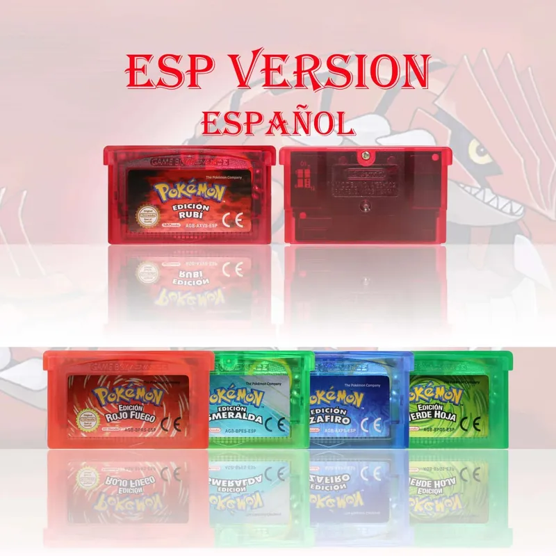 GBA/GBC ESP Version Pokemon Esmeralda/Rojo Fuego/Plata/Cristal Game Cartridge Video Game Console Card High Quality with Battery