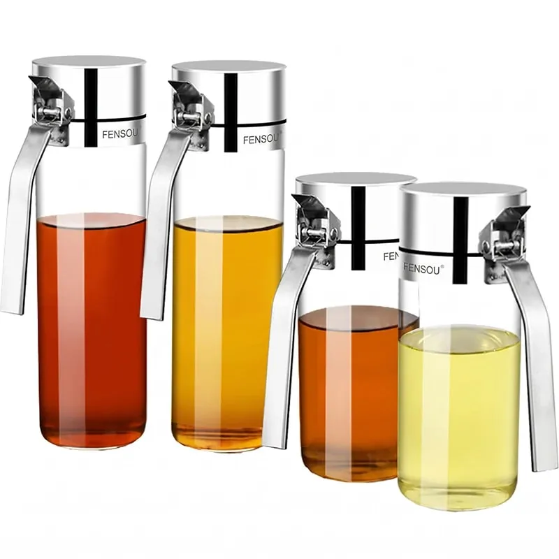Leakproof High Borosilie Glass Oil Bottle with Stainless Steel 304 Cap Kitchen Soy Sauce Vinegar Seasoning Jug No Oil Stain