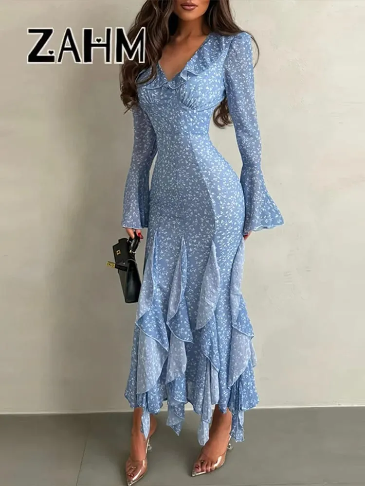 Chic Printed Women's Dress Ruffle Bell-Bottomed Sleeve V-Neck Slim Lady Long Dresses 2026 Spring Summer Female Vacation Robe New