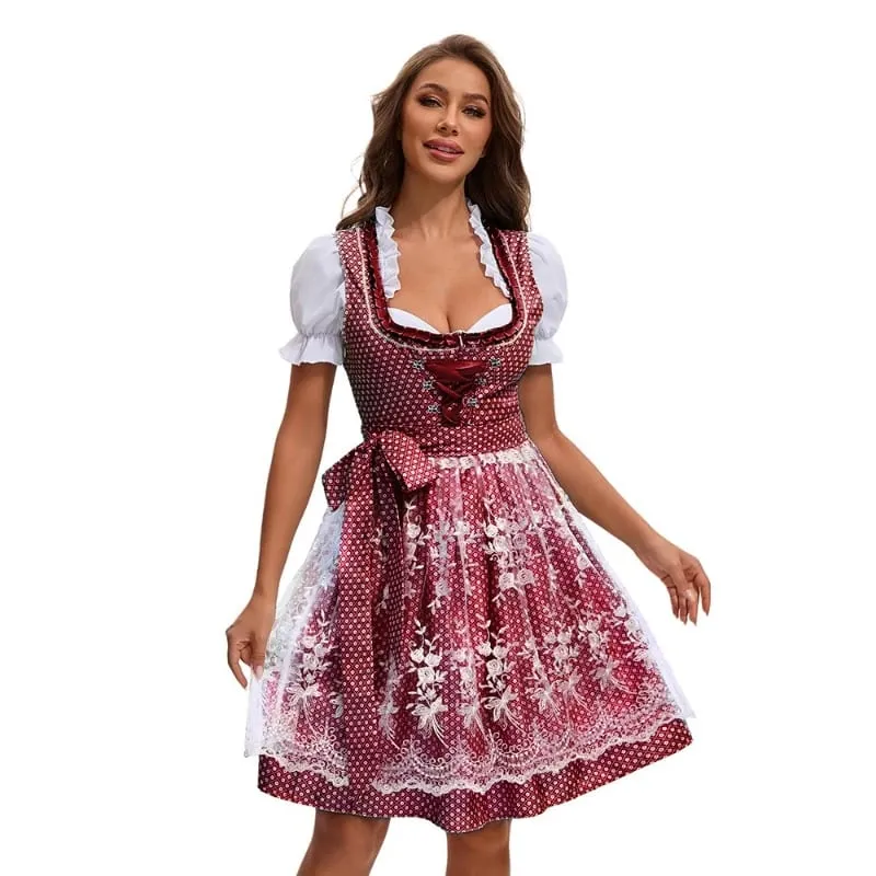 2025 Multicolor Munich Oktoberfest Dress for Women Bavarian Traditional Ethnic Print Beer Skirt with Top and Apron Maid Costume