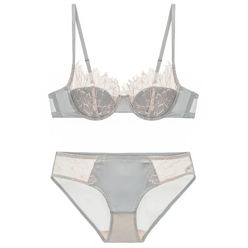 French Eyelash Lace Sexy Hollow Underwear Women's Soft Steel Rim Thin Gather Up Support Women's Bra Bra Set s-xl