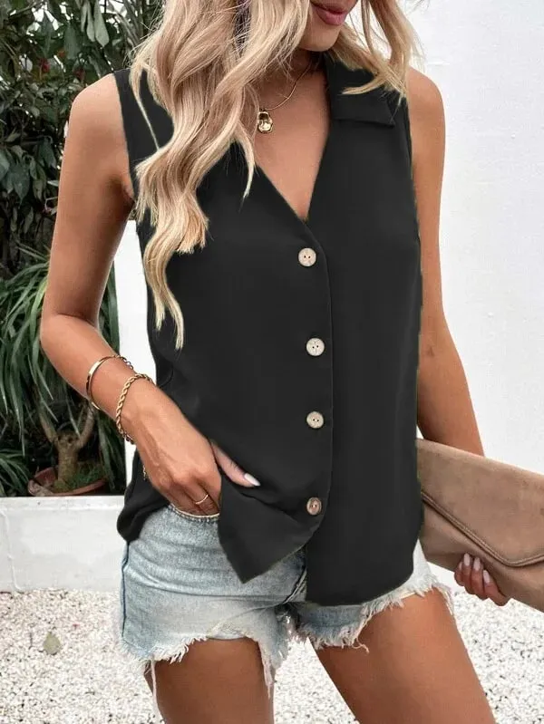 Women's V-Neck Button Chiffon Blouse Summer Lightweight Loose Casual Sleeveless Top Office Lady Solid Color Basic Vest